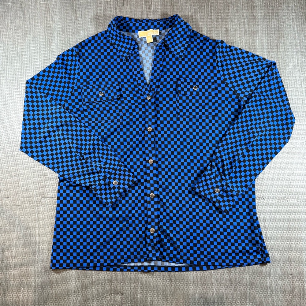 MICHAEL Michael Kors Blue and Black Checkerboard Button-Front Blouse